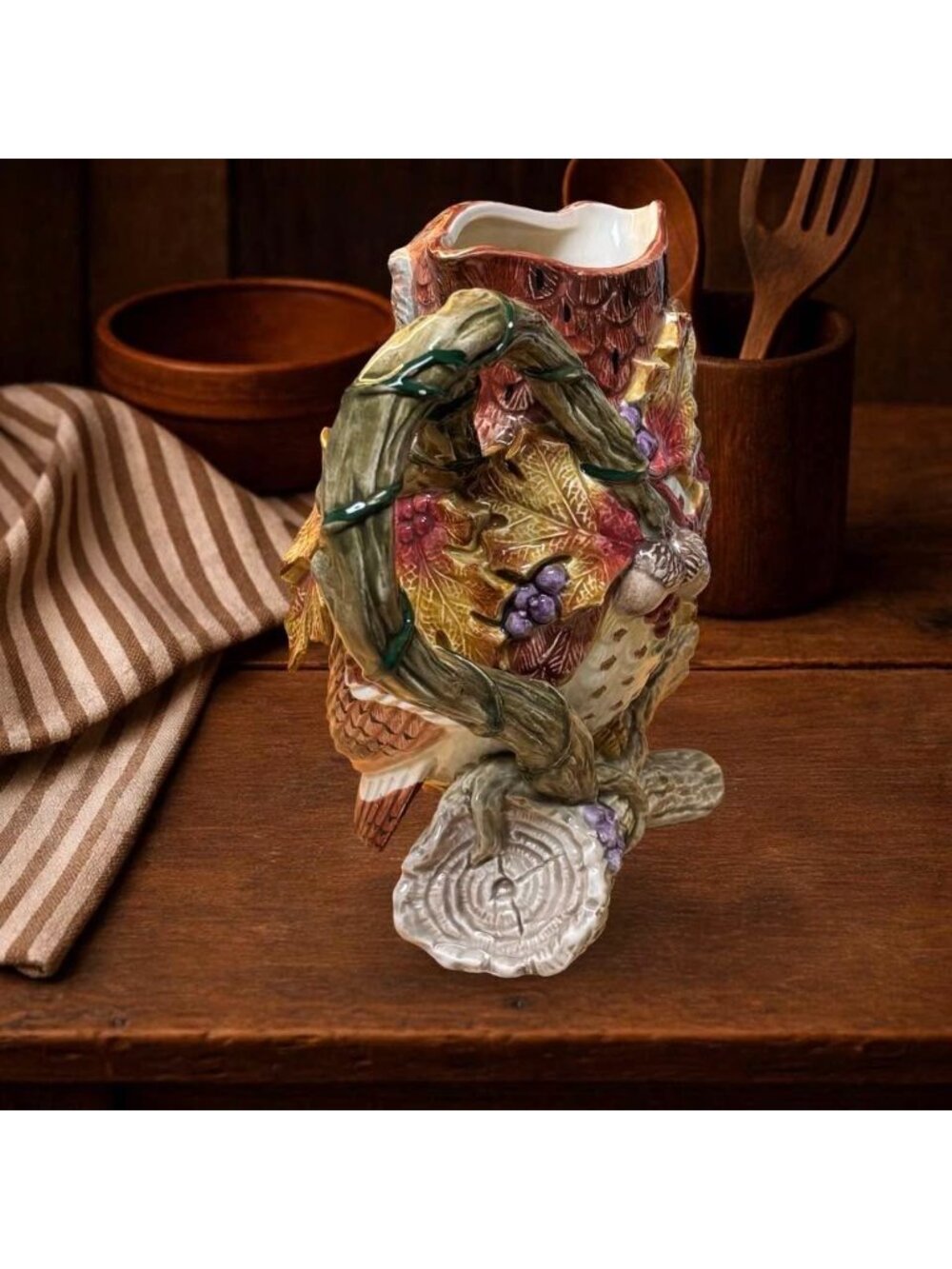 Vintage 1994 Fitz & Floyd Autumn Woods Owl Pitcher – 9" Woodland Fall Acorn Jug - Picture 2 of 10